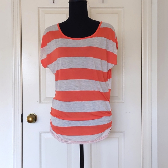 H&M 100% Rayon Dropped Shoulder Loose Fit Short Sleeve Orange Striped Tunic. - Picture 1 of 4